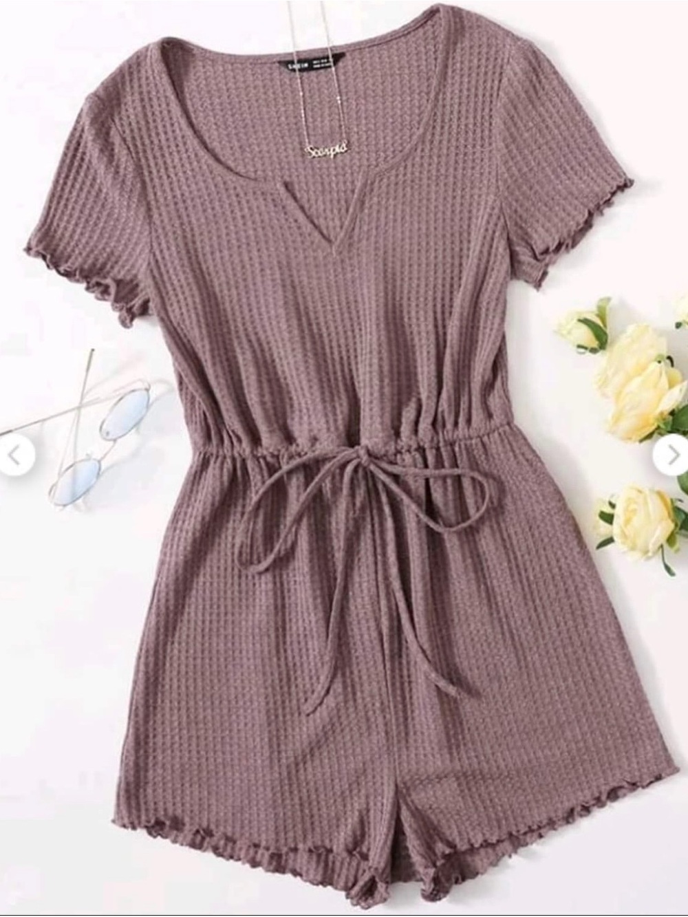 NWOT SHEIN MAUVE PINK NOTCHED-NECK LETTUCE-TRIM HONEYCOMB WAFFLE-KNIT ROMPER